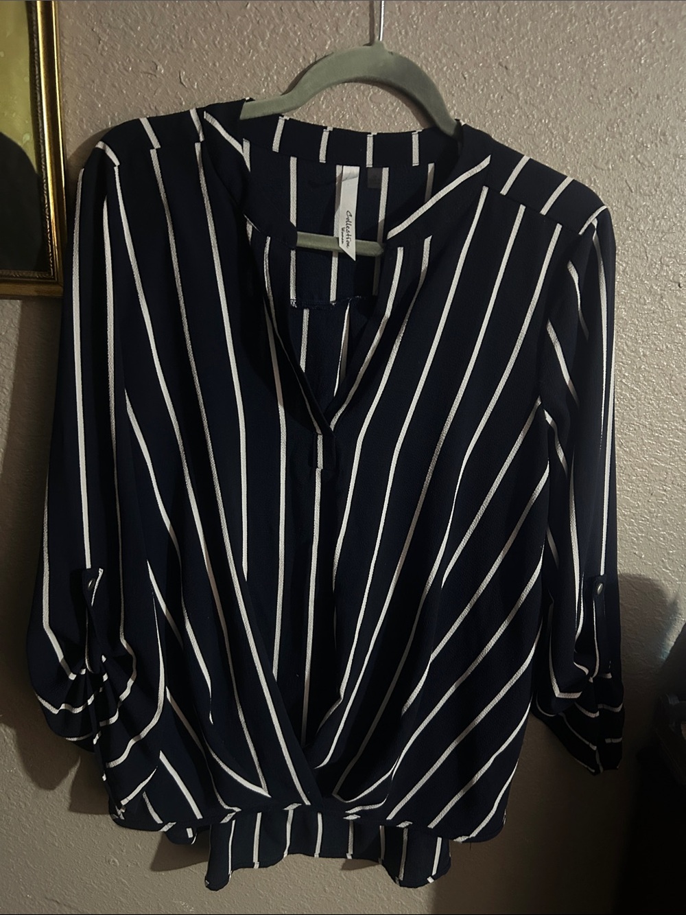 Button Detail Navy & White Striped Blouse - Unknown Brand